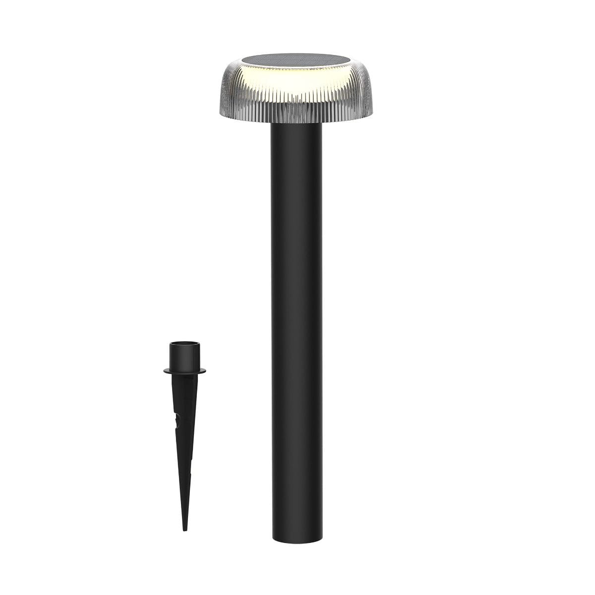 Lampa ogrodowa solarna LED Bluet 2,5W 3000K w kolorze czarnym. Stojąca konstrukcja z metalowym słupkiem i okrągłą, transparentną głowicą. W zestawie szpikulec do montażu w ziemi. Ochrona IP44, idealna do użytku na zewnątrz.