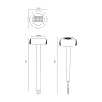 Lampa ogrodowa solarna Bluet LED 2,5W 3000K IP44 w kolorze czarnym, z okrągłą głowicą o średnicy 151,4 mm, z wbudowanym panelem solarnym. Ustawiona pionowo, z ostrym końcem do wbijania w ziemię. Wysokość 628 mm, średnica podstawy 51 mm.