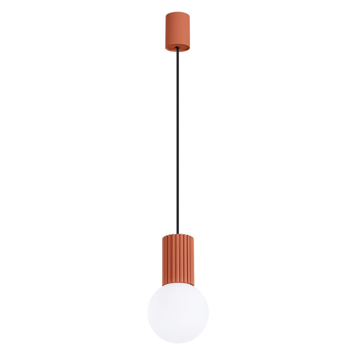 Lampa wisząca Halo 1xG9 w kolorze ochry czerwonej z okrągłym, białym kloszem. Ujęcie frontalne, produkt zawieszony na czarnym przewodzie. Górna część z cylindrycznym mocowaniem o fakturze. Idealna do nowoczesnych wnętrz.