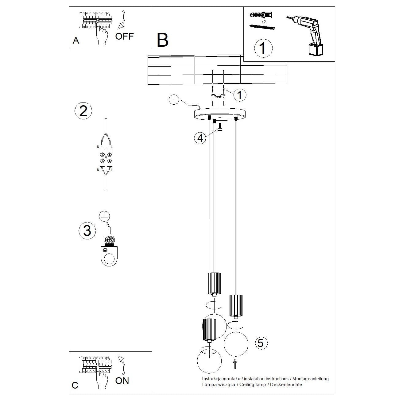 Lampa wisząca Halo 3xG9 w kolorze ochra czerwona, zawieszona na dwóch cienkich linkach, z okrągłym stropem i trzema miejscami na żarówki. Instrukcja montażu widoczna w tle, na białym tle.