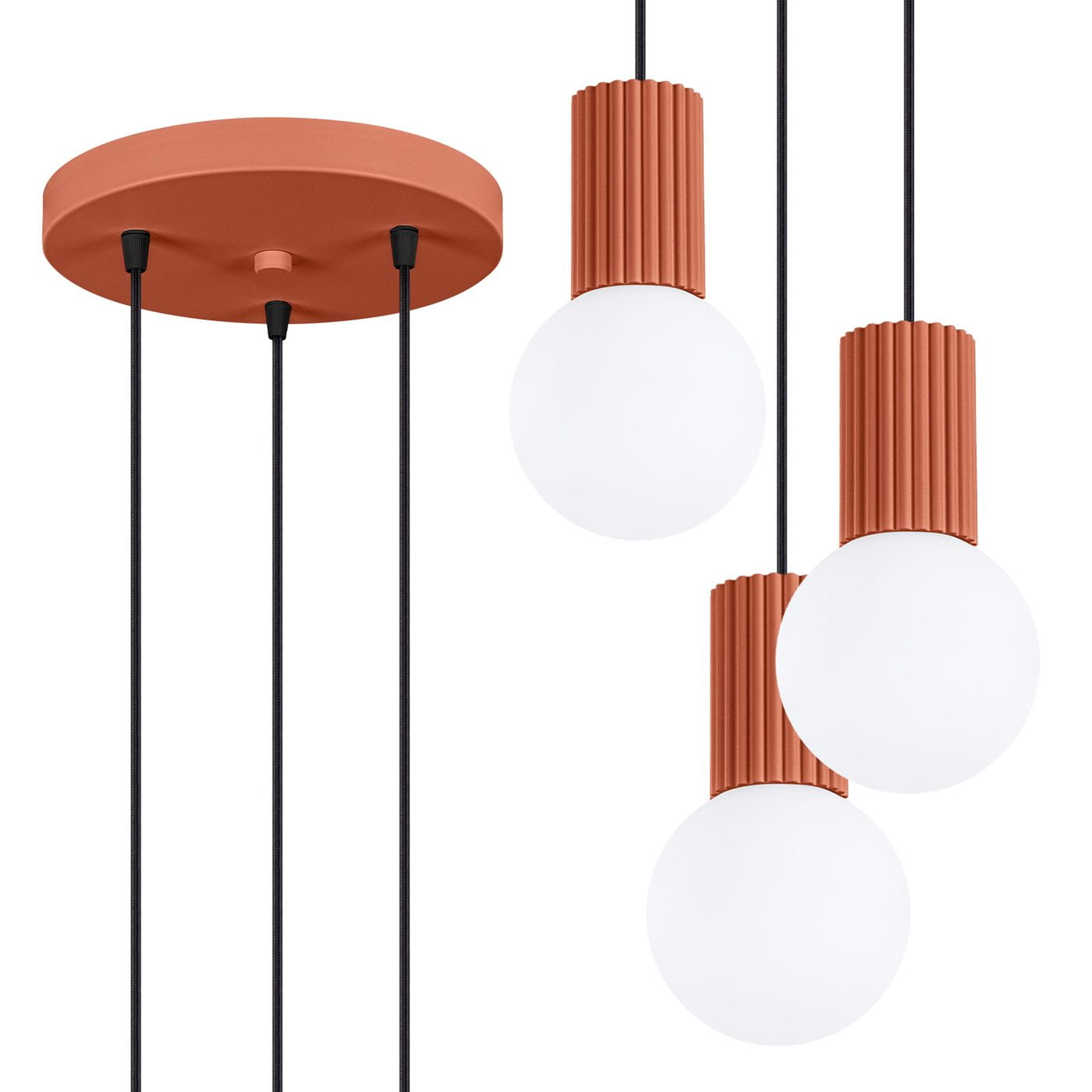 Lampa wisząca Halo z trzema źródłami światła G9, w kolorze ochra czerwona. Posiada okrągłą podsufitkę i cylindryczne klosze z białego szkła, zawieszone na czarnych przewodach. Klosze mają teksturowane, czerwone elementy.