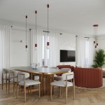 Lampa wisząca Halo 3xG9 w kolorze ochra czerwona, z trzema kulistymi źródłami światła na czarnych przewodach. Zawieszona w nowoczesnym wnętrzu z jasnymi zasłonami, okrągłym stołem i kanapą w podobnym odcieniu.