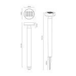 Lampa ogrodowa solarna Carli LED 4,5W 3000K w kolorze czarnym. Okrągła głowica z panelami słonecznymi o średnicy 130 mm, z długim, prostokątnym słupkiem o wysokości 851 mm i szerokości 51 mm. Wodoodporność IP44, przeznaczona do montażu w ziemi.