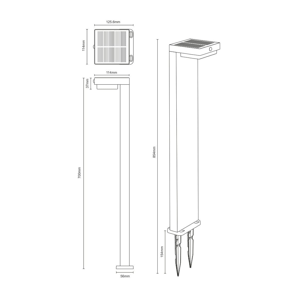 Czarna lampa ogrodowa solarna z czujnikiem ruchu, LED 4,5W, temperatura barwowa 3000K. Wysokość 70 cm, z wbudowanym panelem słonecznym. Dwa metalowe mocowania do zakotwienia w ziemi, odporny na warunki atmosferyczne (IP44).