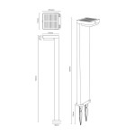 Czarna lampa ogrodowa solarna z czujnikiem ruchu, LED 4,5W, temperatura barwowa 3000K. Wysokość 70 cm, z wbudowanym panelem słonecznym. Dwa metalowe mocowania do zakotwienia w ziemi, odporny na warunki atmosferyczne (IP44).