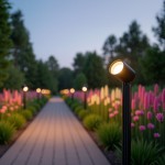 Czarna lampa ogrodowa Nocturne z jedną oprawą GU10, stopień ochrony IP65, umieszczona na smukłym słupku. Oświetlenie skierowane na ścieżkę otoczoną kwiatami, tworząc nastrojową atmosferę w ogrodzie.