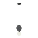 Lampa wisząca Andrea 1xG9 w kolorze czarnym z szarym, z okrągłym abażurem z materiału i białą kulistą żarówką. Zawieszona na cienkim kablu, w pozycji wiszącej, na prostym tle.