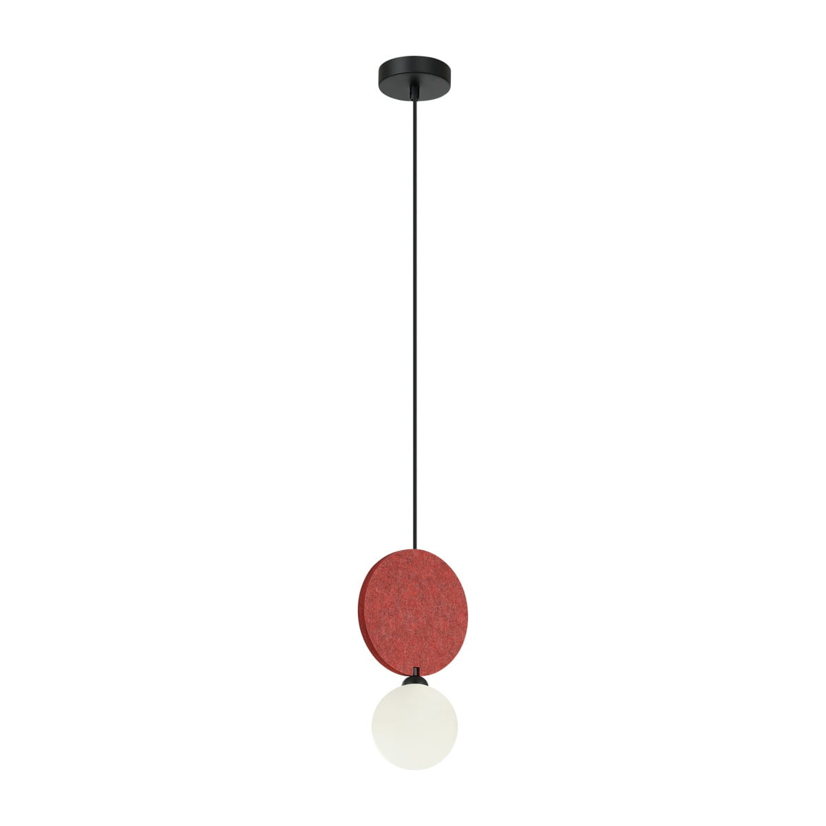 Czarna lampa wisząca Andrea z czerwonym okrągłym detalem i białą kulistą żarówką. Produkt zawieszony na cienkim, czarnym przewodzie, z prostym, okrągłym mocowaniem sufitowym. Idealna do nowoczesnych wnętrz.
