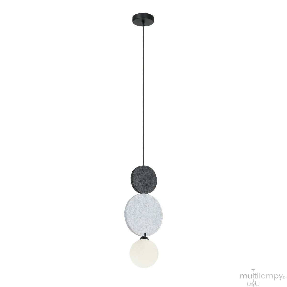 Lampa wisząca Andrea z jedną oprawą G9, w kolorze jasnoszarym i czarnym, z okrągłymi elementami w różnych odcieniach. Zawieśona na cienkim, czarnym przewodzie, z białą szklaną kulą na dole. Prosty, nowoczesny design.