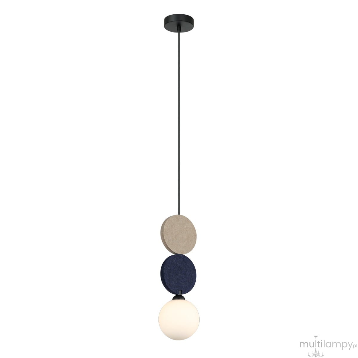 Lampa wisząca Andrea 1xG9 w kolorze beżowym i niebieskim, złożona z trzech okrągłych elementów oraz białej, szklanej kulki. Zawieszona na czarnym, cienkim przewodzie. Prosta konstrukcja, idealna do nowoczesnych wnętrz.