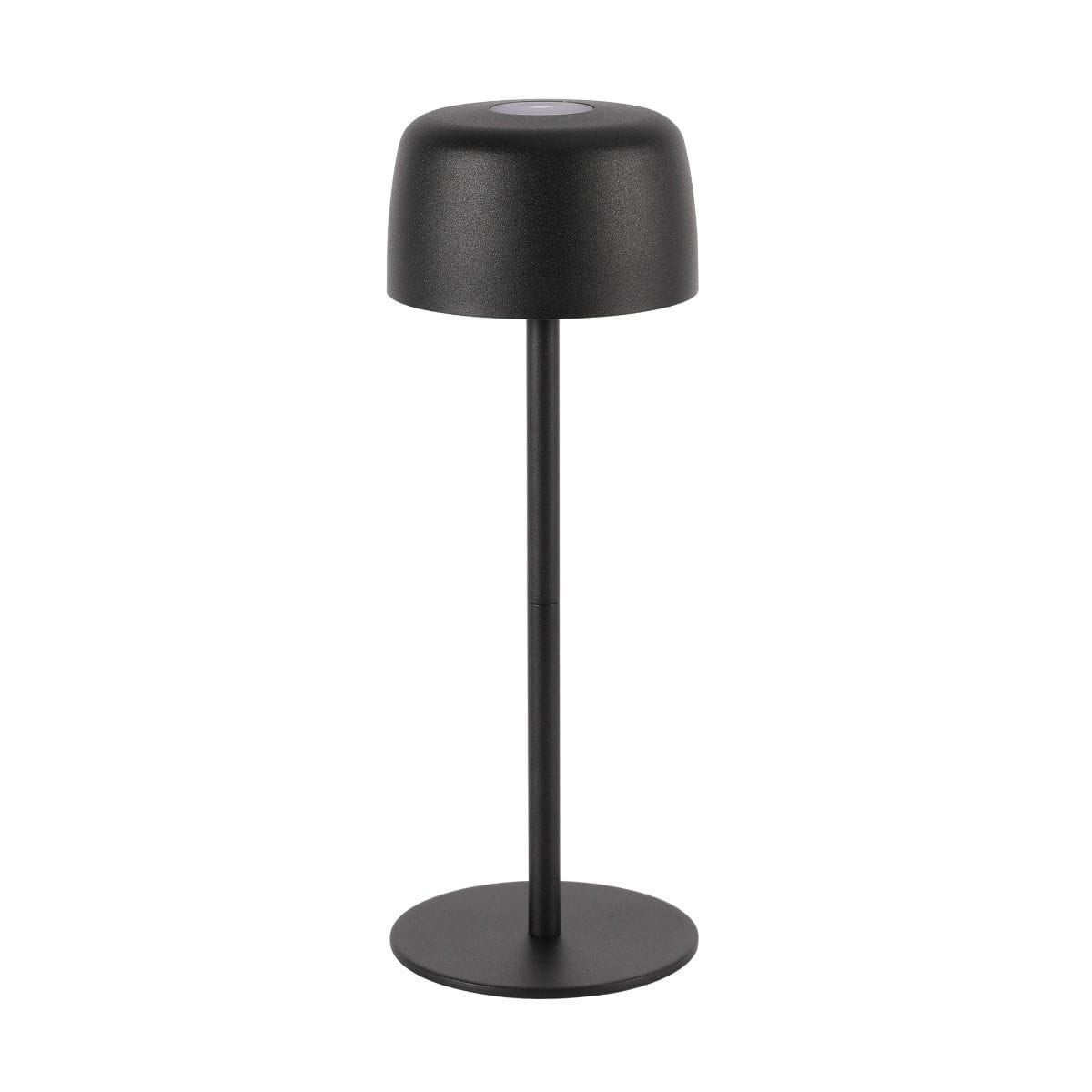 Czarna lampa stołowa LED Poco o mocy 2W, barwie światła 3000K, z klasą szczelności IP44. Posiada cylindryczny kształt z matowym wykończeniem, stojącą, stabilną podstawę oraz lekko zaokrąglony klosz. Ujęcie frontalne.