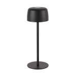 Czarna lampa stołowa LED Poco o mocy 2W, barwie światła 3000K, z klasą szczelności IP44. Posiada cylindryczny kształt z matowym wykończeniem, stojącą, stabilną podstawę oraz lekko zaokrąglony klosz. Ujęcie frontalne.