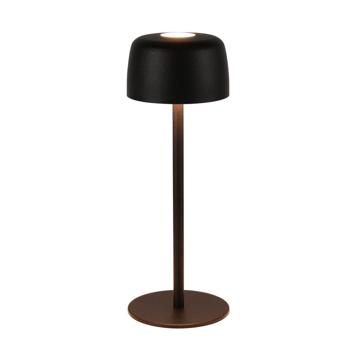 Lampa stołowa LED Poco 2W, kolor czarny, z okrągłą podstawą i matowym kloszem. Wysoka na około 30 cm, z ciepłym światłem 3000K, odpowiednia do wnętrz i na zewnątrz (IP44). Ujęcie frontalne, produkt stoi stabilnie na płaskiej powierzchni.