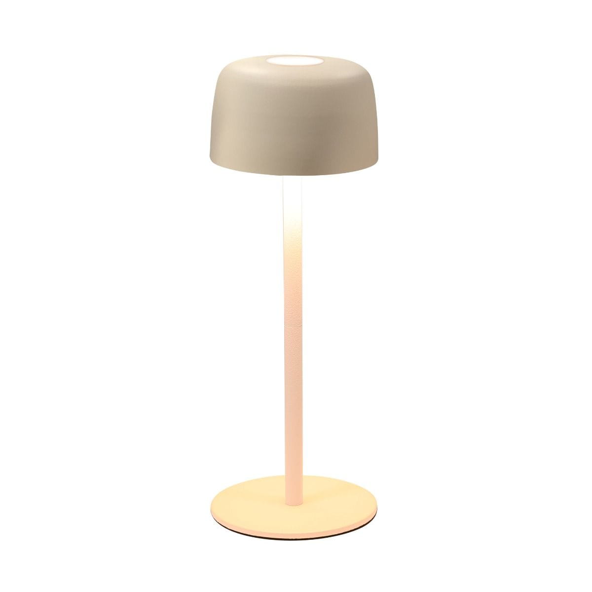 Lampa stołowa LED Poco 2W 3000K IP44 w kolorze kremowym. Ma okrągłą podstawę i cylindryczny korpus z kloszem w kształcie stożka. Ujęcie frontalne, lampa ustawiona na płaskiej powierzchni. Idealna do użytku wewnętrznego i zewnętrznego.