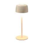 Lampa stołowa LED Poco 2W 3000K IP44 w kolorze kremowym. Ma okrągłą podstawę i cylindryczny korpus z kloszem w kształcie stożka. Ujęcie frontalne, lampa ustawiona na płaskiej powierzchni. Idealna do użytku wewnętrznego i zewnętrznego.