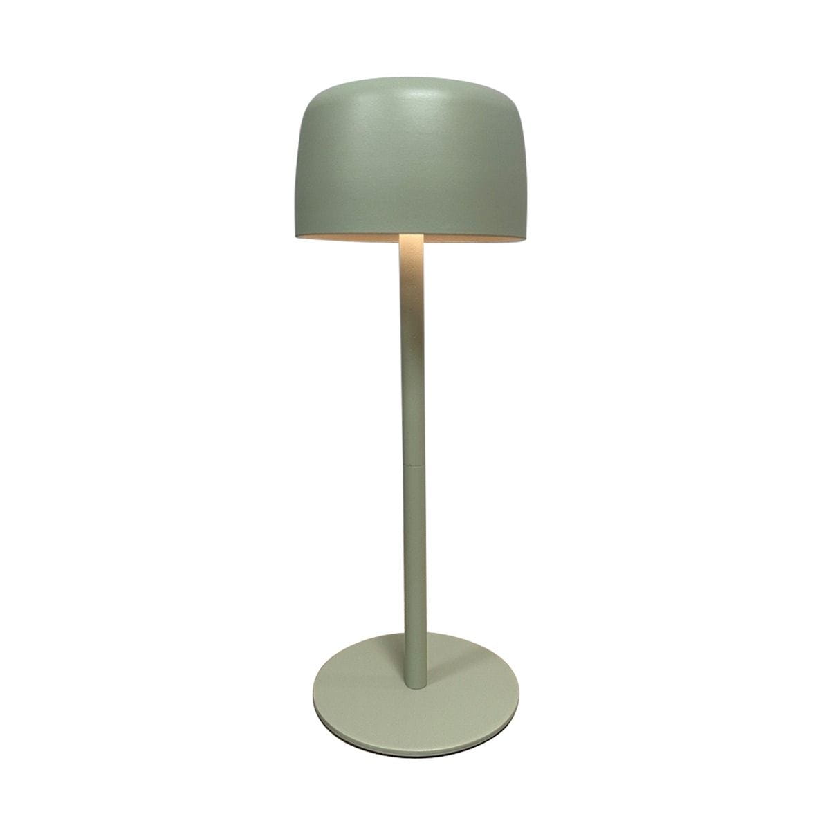 Lampa stołowa LED Poco 2W 3000K IP44 w kolorze zielonym, z okrągłą podstawą i cylindrycznym kloszem. Ujęcie frontalne, lampa stojąca, idealna do wnętrz i na zewnątrz. Jasne źródło światła widoczne wewnątrz klosza.