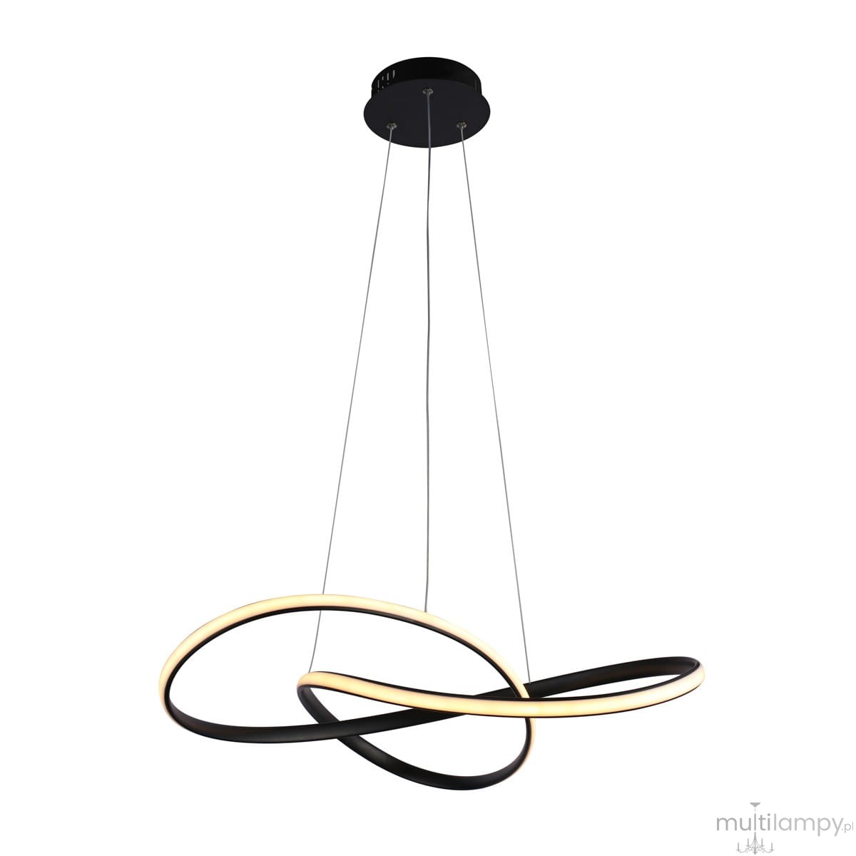 Lampa wisząca Consa 1xLED 40W CCT w kolorze czarnym, o nowoczesnym, spiralnym kształcie. Zawieszona na cienkich linkach, z podświetleniem LED w neutralnym odcieniu, na białym tle, podkreślająca elegancki design.