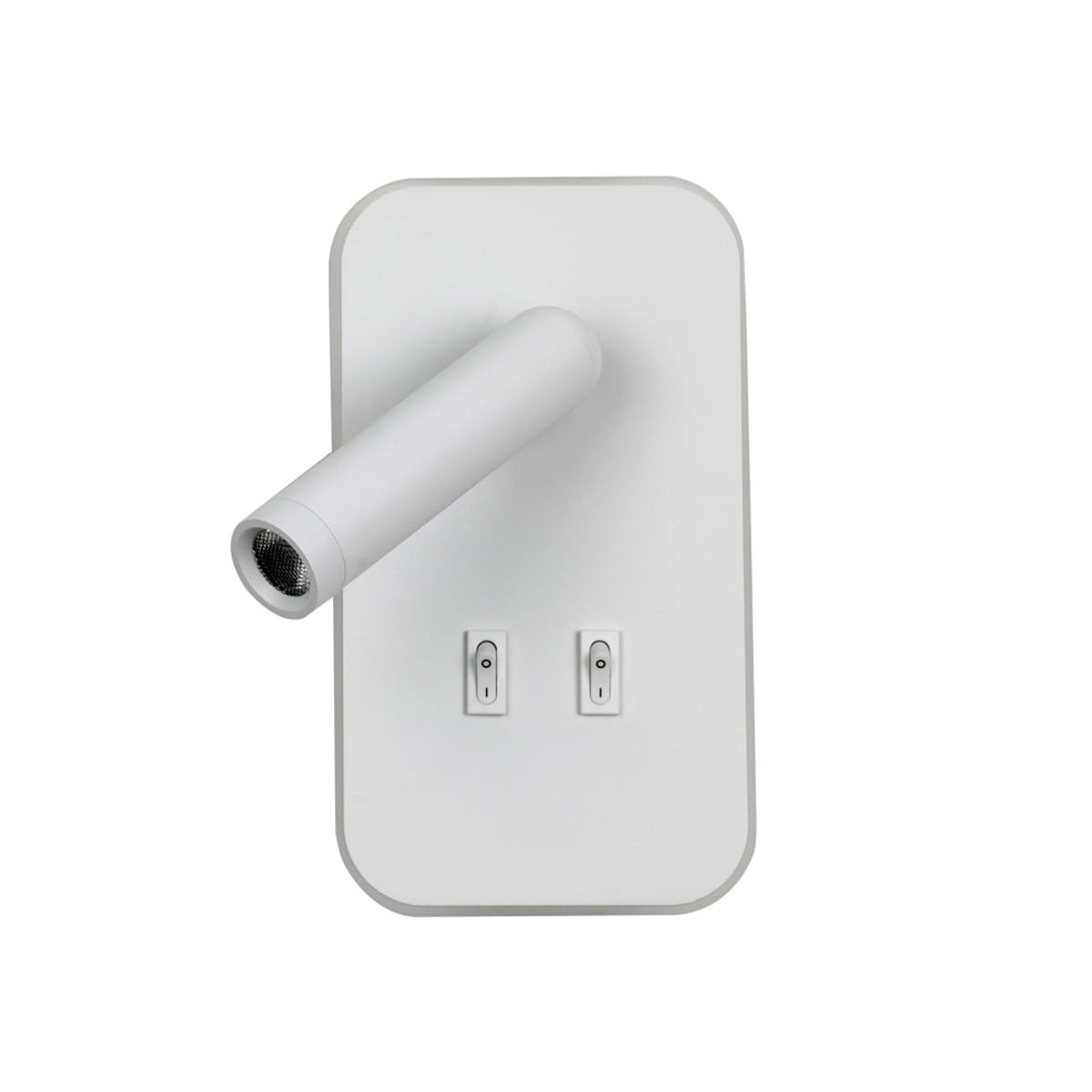 Kinkiet Doria 2xLED 8W w kolorze białym. Okrągły, ruchomy element świetlny zamocowany na prostokątnej podstawie, z dwoma przełącznikami. Wykończenie matowe, minimalistyczny design.