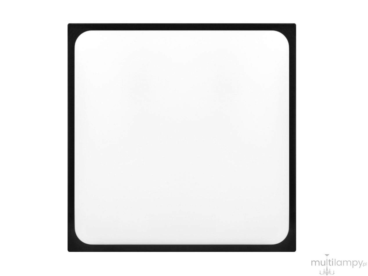 Luvo D29,5 plafon kwadratowy w kolorze czarnym, o wymiarach 29,5 cm, z białym, matowym kloszem. Posiada dwa gniazda E27 oraz klasę ochrony IP44. Produkt widoczny frontalnie, z zaokrąglonymi kątami.