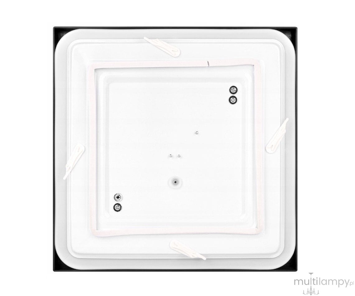 Plafon Luvo D29,5 w kolorze czarnym, kwadratowy, z podwójnym gniazdem E27, IP44. Widoczna biała, teksturowana powierzchnia lampy z mocowaniami. Produkt ukazany z góry, w pozycji leżącej, bez dodatkowych dekoracji.