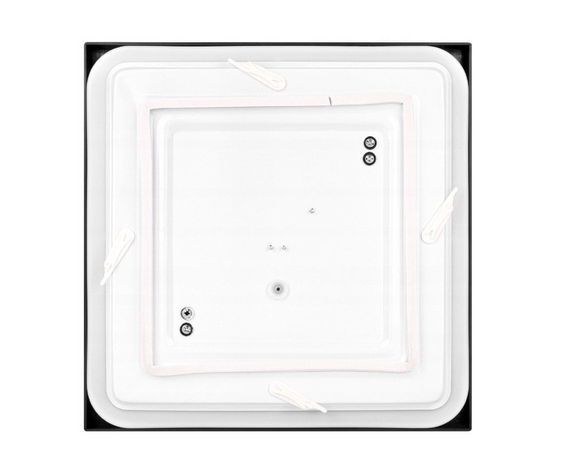 Kwadratowy plafon Luvo D29,5 w kolorze czarnym z czujnikiem ruchu. Wykonany z białego plastiku, z widocznymi punktami mocującymi. Produkt ma wymiary 29,5 cm i jest przeznaczony do montażu w pomieszczeniach o wilgotności.