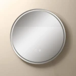 Lustro podświetlane D60 w kształcie koła, średnica 60 cm, z transparentną ramą. Ułożone frontalnie, z widocznymi przyciskami dotykowymi na dole do zmiany temperatury światła. Tło w kolorze beżowym, co podkreśla elegancję lustra.