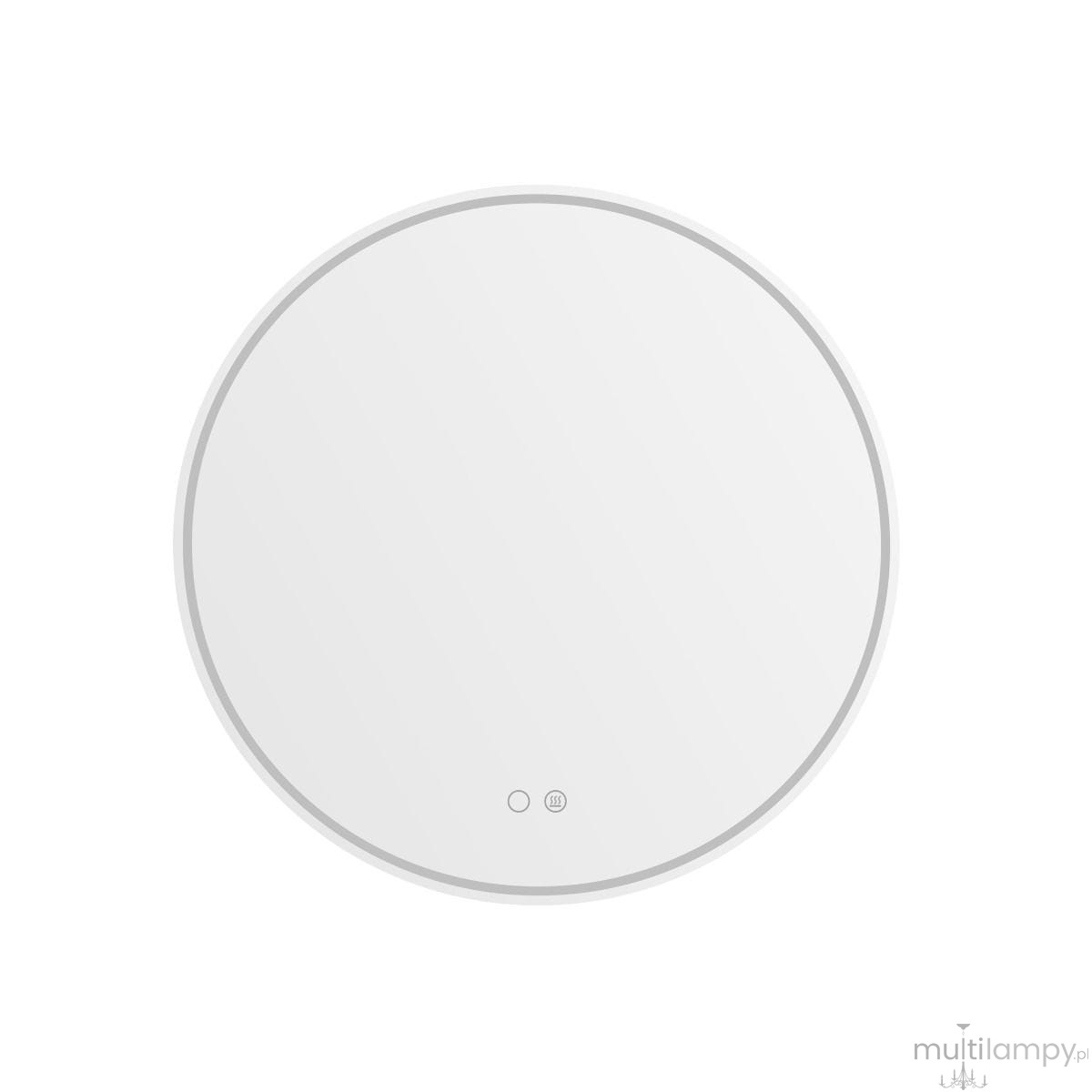 Lustro podświetlane LED w kształcie koła, średnica 60 cm, przezroczyste. Posiada dwa przyciski na dolnej części do regulacji podświetlenia. Wykończenie w jasnym kolorze, minimalistyczny design, idealne do nowoczesnych wnętrz.