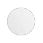 Lustro podświetlane LED w kształcie koła, średnica 60 cm, przezroczyste. Posiada dwa przyciski na dolnej części do regulacji podświetlenia. Wykończenie w jasnym kolorze, minimalistyczny design, idealne do nowoczesnych wnętrz.