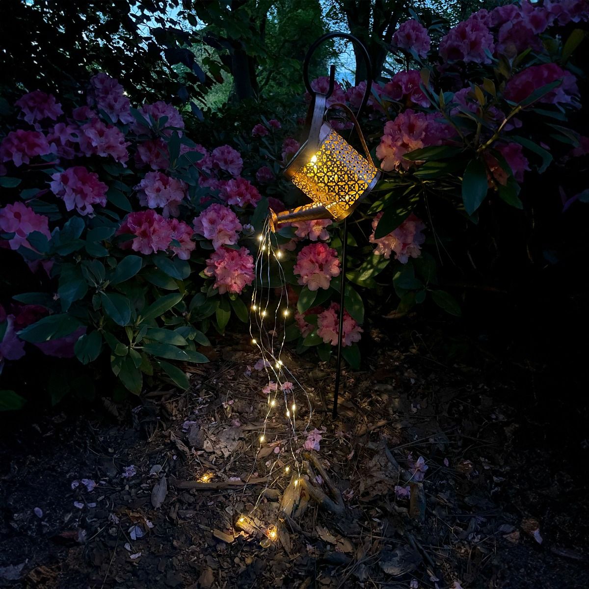 Konewka lampa solarna LED w kolorze czarnym i miedzianym, umieszczona na stojaku, emituje ciepłe światło 3000K. Dookoła widoczne kwiaty różaneczników, a lampa o wzorze perforowanym zdobi otoczenie, tworząc romantyczny klimat.