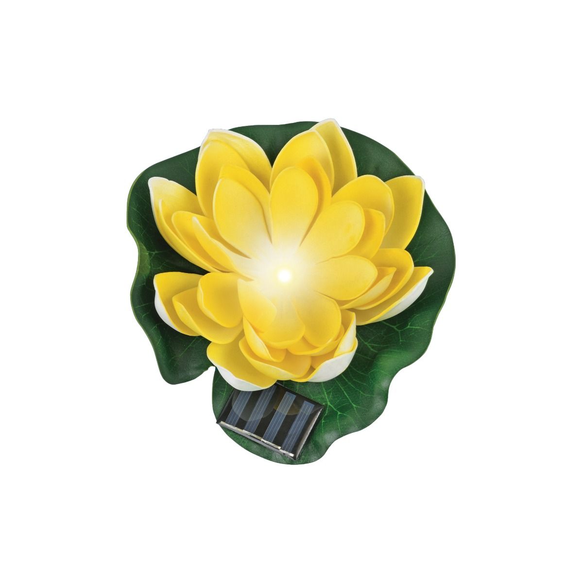 Lampa solarna LED w kształcie kwiatu lotosu, żółta, z białymi płatkami i zielonym listkiem. Widoczny panel słoneczny z tyłu. Oświetlenie 3000K, IP44, idealna do ogrodu lub na taras. Produkt leży na płaskiej powierzchni.