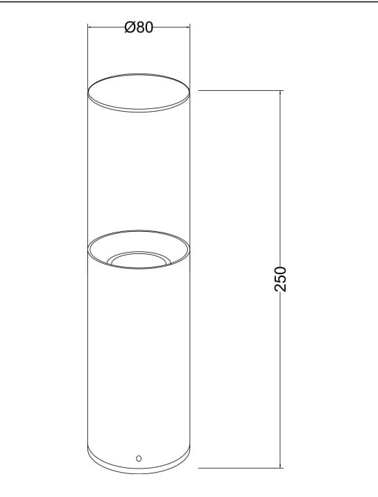 Lampa ogrodowa Amas H25 w kolorze grafitowym, o cylindrycznym kształcie, z miejscem na żarówkę E27. Wymiary: wysokość 250 mm, średnica 80 mm. Prezentowana w ujęciu z góry, pokazując otwór na żarówkę.