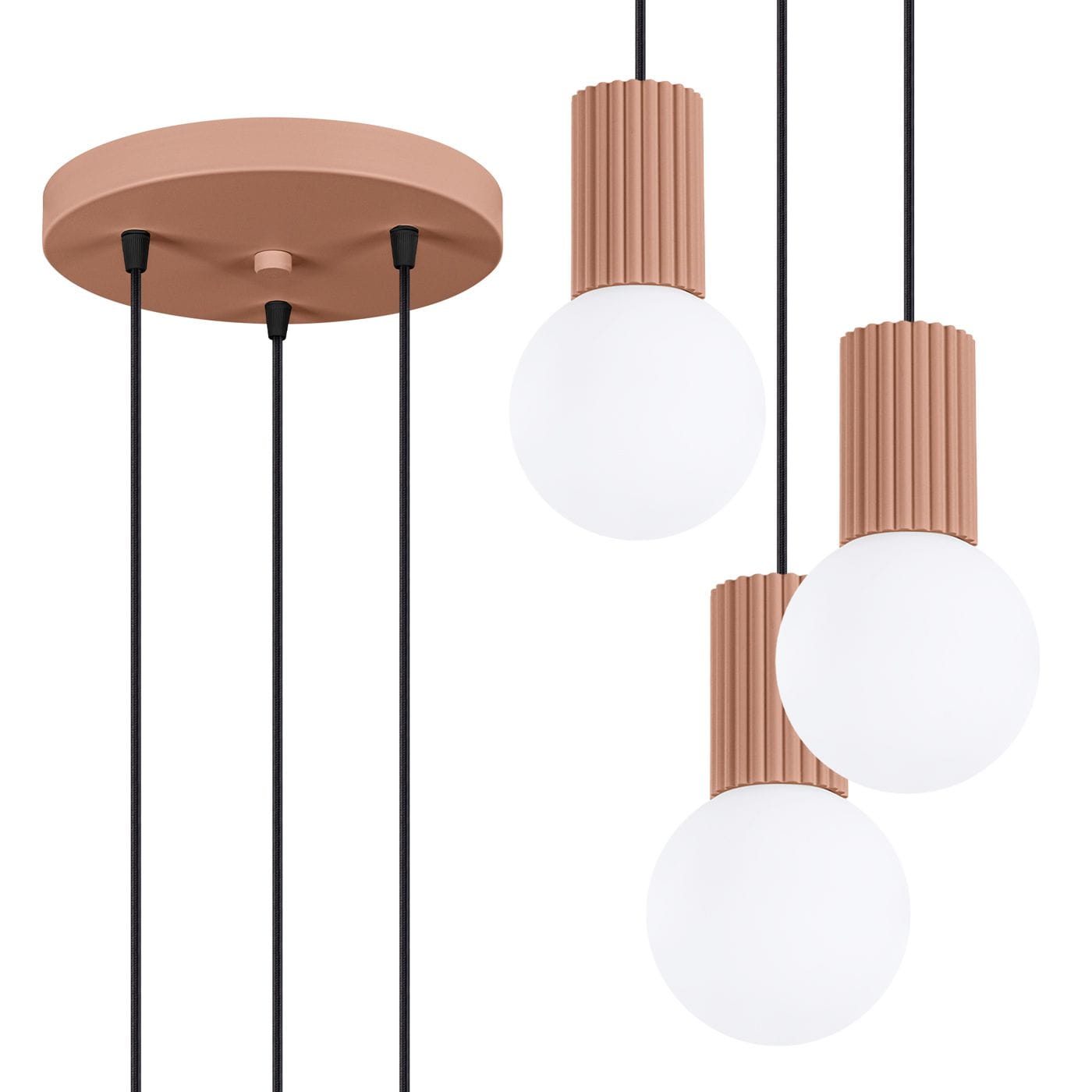 Lampa wisząca Halo 3xG9 w kolorze mocca, z trzema okrągłymi, białymi kloszami i teksturowanymi, brązowymi uchwytami. Zawieszona na czarnych przewodach, montowana do sufitu, o nowoczesnym designie.