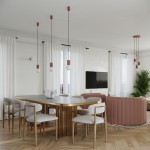 Lampa wisząca Halo z trzema źródłami światła G9 w kolorze miedzi, zawieszona na czarnych linkach. Produkt umieszczony w nowoczesnej aranżacji jadalni z okrągłym stołem i jasnymi krzesłami. W tle widoczny telewizor oraz rośliny.