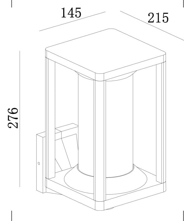 Kinkiet elewacyjny Cell w kolorze grafitowym, z pojedynczym gniazdem E27. Produkt o wymiarach 145 mm szerokości, 215 mm głębokości i 276 mm wysokości, o cylindrycznym kształcie z prostokątną podstawą, montowany na ścianie.