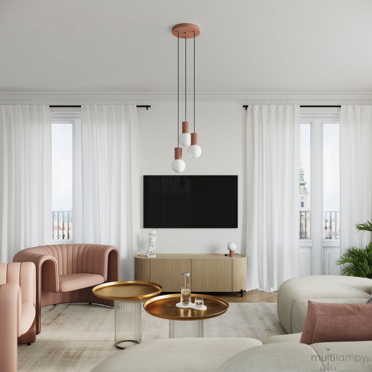 Lampa stołowa Halo 1xG9 w kolorze mocca, z metalowym trzonkiem i szklanym kloszem. Widoczna w nowoczesnym wnętrzu z jasnymi zasłonami i minimalistycznym wystrojem. Ujęcie frontalne, bez dodatkowych elementów w tle.
