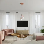 Lampa stołowa Halo 1xG9 w kolorze mocca, z metalowym trzonkiem i szklanym kloszem. Widoczna w nowoczesnym wnętrzu z jasnymi zasłonami i minimalistycznym wystrojem. Ujęcie frontalne, bez dodatkowych elementów w tle.