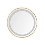 Lustro podświetlane w kształcie koła o średnicy 60 cm, z błyszczącą złotą ramą. Wyposażone w oświetlenie LED 24W CCT, z widocznym przyciskiem na dole. Ujęcie frontalne, z gładką powierzchnią lustra i delikatnym podświetleniem.