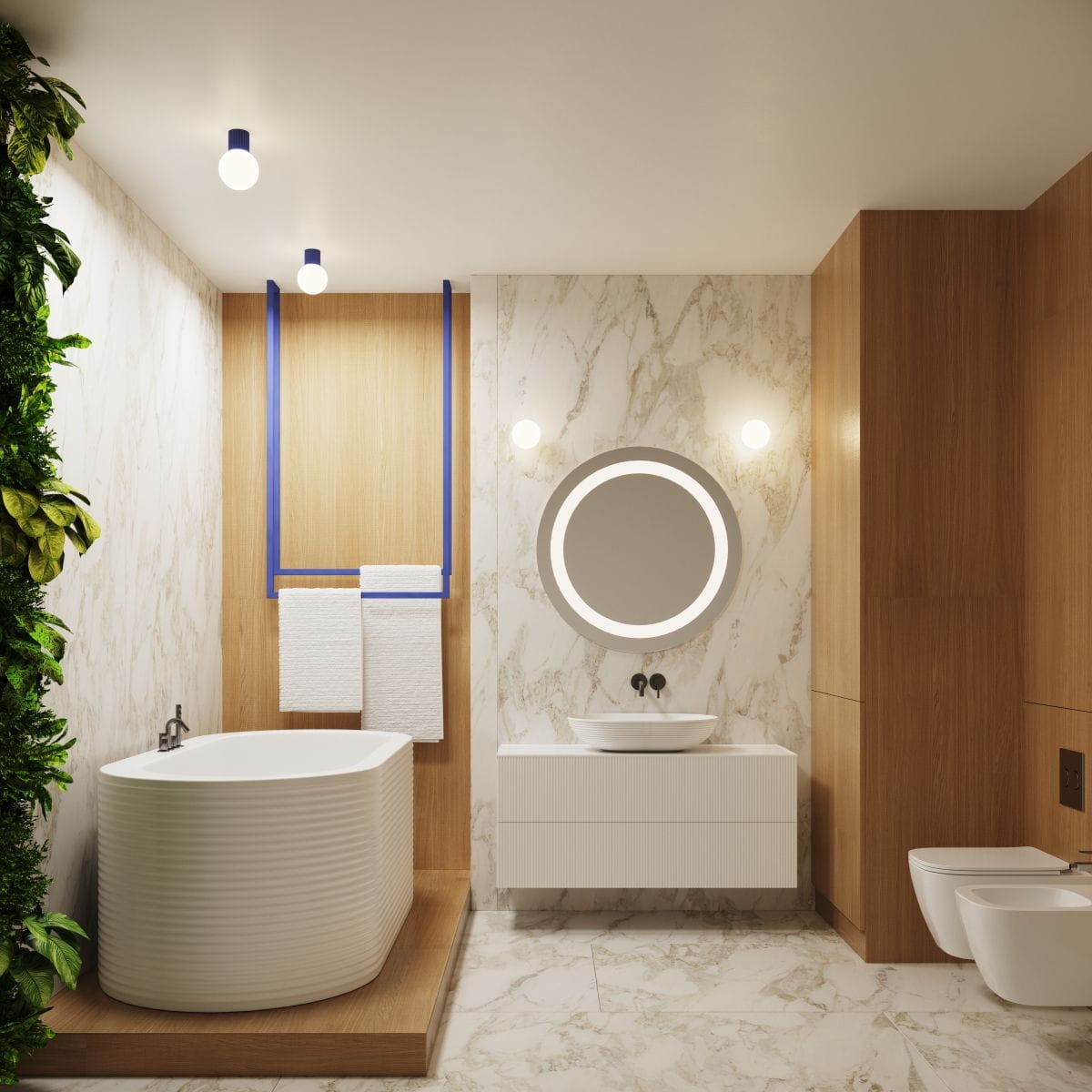 Niebieski kinkiet Halo 1xG9 IP44, umieszczony na ścianie w łazience. Zawiera okrągłą lampę emitującą światło, w otoczeniu minimalistycznych elementów, takich jak wanna i lustro. Świetnie komponuje się z nowoczesnym wystrojem wnętrza.