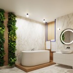 Kinkiet Halo 1xG9 IP44 w kolorze niebieskim, z okrągłym kloszem, zamontowany na ścianie w nowoczesnej łazience. W tle widoczna roślina, wanna i lustro. Oświetlenie w minimalistycznym stylu, z neutralnym tłem.