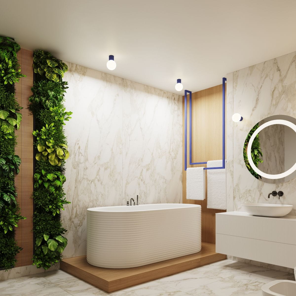 Niebieska lampa sufitowa Halo 1xG9 IP44, zamontowana na gładkim suficie, emituje ciepłe światło. W tle widać nowoczesną łazienkę z wanną, roślinami i lustrzaną dekoracją. Lampa ma minimalistyczny design z widocznymi detalami w niebieskim kolorze.