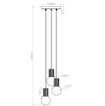 Lampa wisząca Halo z trzema źródłami światła G9 w kolorze niebieskim. Ustawiona pionowo, z okrągłymi kloszami o średnicy 12 cm, zawieszona na trzech linkach o długości 125 cm. Sufitowa podsufitka o wymiarach 25x3 cm.