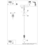 Instrukcja montażu lampy wiszącej Halo 1xG9 taupe SL.1744. Zawiera schemat z oznaczeniami części, punktami montażowymi oraz połączeniami elektrycznymi. Widoczne elementy: uchwyt, przewody, włącznik, oraz lampa z kloszem.