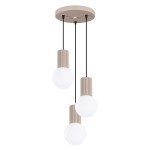 Lampa wisząca Halo 3xG9 w kolorze taupe, zawieszona na trzech czarnych linkach. Posiada trzy okrągłe, białe klosze oraz cylindryczne, żebrowane podstawy w odcieniu taupe. Utrzymana w nowoczesnym stylu, montowana na okrągłej podstawie sufitowej.