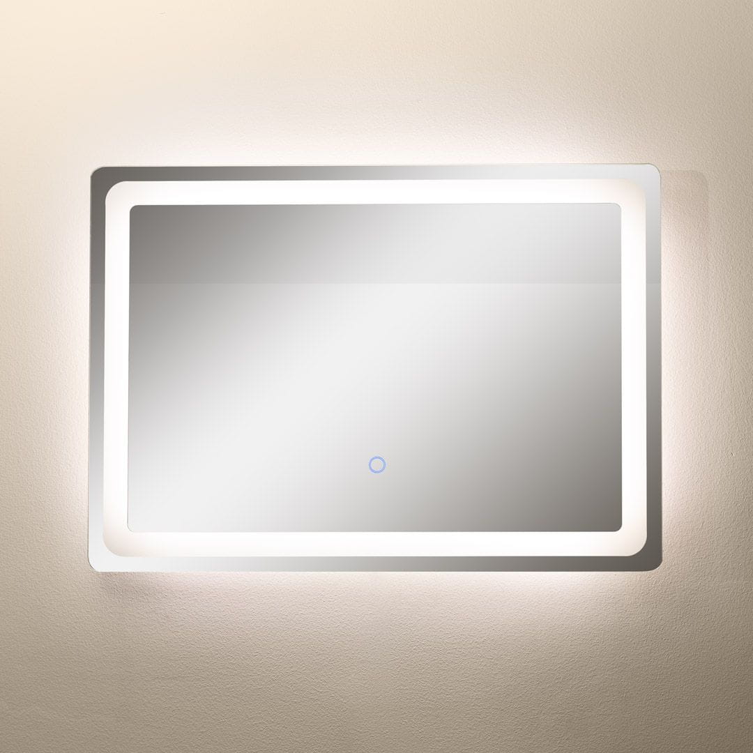 Lustro podświetlane prostokątne 70x50 cm z diodami LED, 24W, CCT białe. Wykończenie z cienką ramą. Z przodu gładkie, włącznik dotykowy na dole. Podświetlenie równomierne, na jasnym tle ściany.