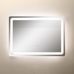 Lustro podświetlane prostokątne 70x50 cm z diodami LED, 24W, CCT białe. Wykończenie z cienką ramą. Z przodu gładkie, włącznik dotykowy na dole. Podświetlenie równomierne, na jasnym tle ściany.