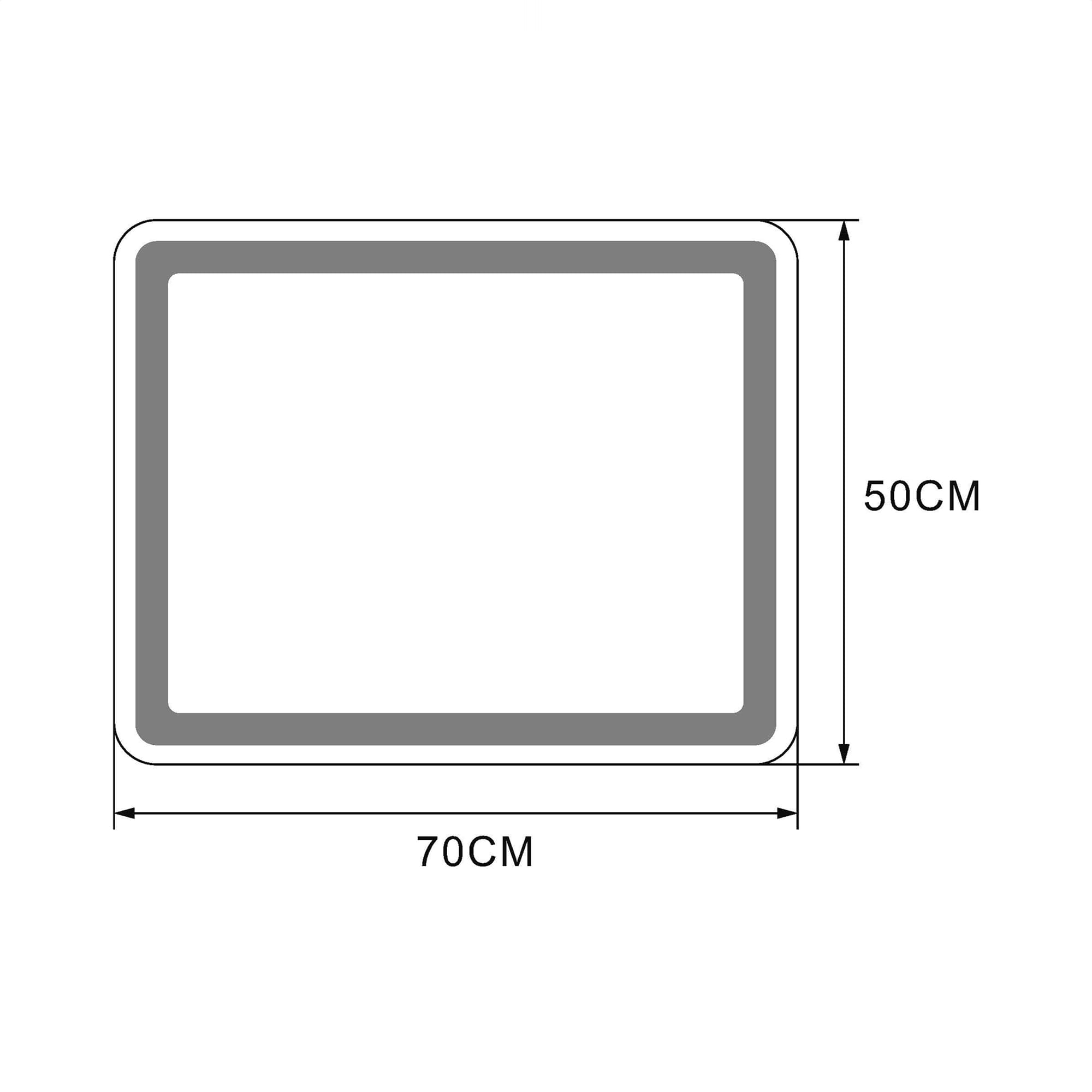 Lustro podświetlane LED o wymiarach 70x50 cm w prostokątnym kształcie. Białe światło CCT, z wyraźnie zaznaczonymi wymiarami. Ujęcie frontalne, prezentujące lustro w prostym, neutralnym tle.