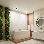 Kinkiet Halo 1xG9 IP44 w kolorze burgundowym, zamontowany na ścianie w łazience, z okrągłą białą żarówką. W tle widoczne rośliny, nowoczesna wanna i umywalka w minimalistycznym wnętrzu.