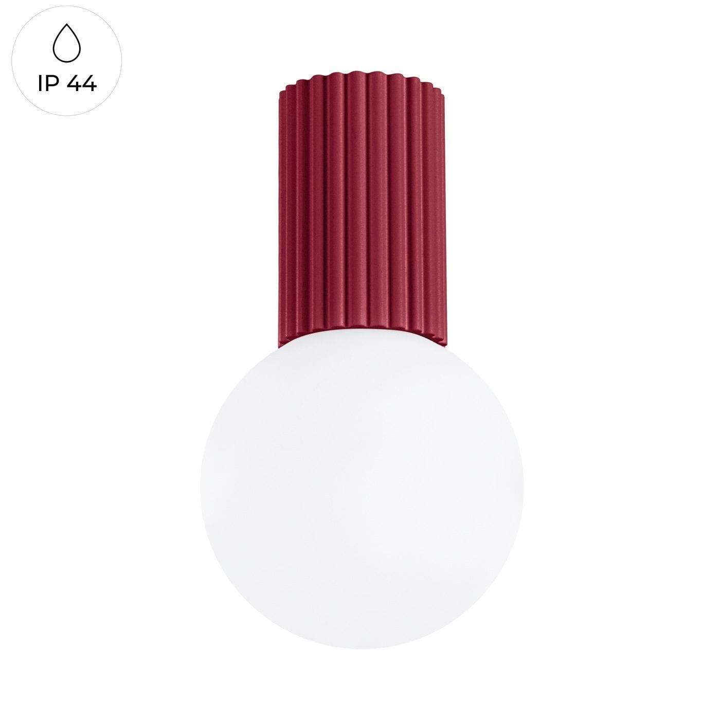 Lampa sufitowa Halo 1xG9 IP44 w kolorze burgundowym z teksturowanym, cylindrycznym kloszem oraz okrągłą, matową kulą. Produkt montowany na suficie, idealny do wnętrz i na zewnątrz, odporny na wilgoć.
