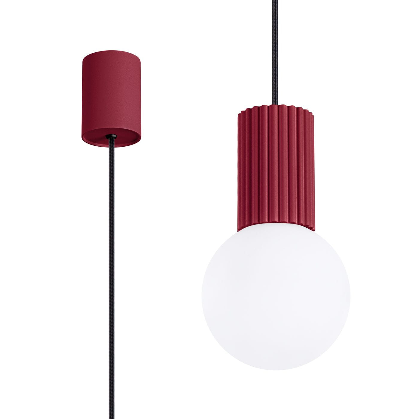 Lampa wisząca Halo 1xG9 w kolorze burgundowym, z cylindrycznym, teksturowanym uchwytem oraz okrągłą, matową kloszem. Zawieszona na czarnym przewodzie, idealna do nowoczesnych wnętrz.