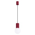 Lampa wisząca Halo 1xG9 w kolorze burgundowym z okrągłą, białą kloszem. Wisi na cienkim czarnym przewodzie, posiada cylindryczny, żebrowany uchwyt. Zawieszona w pozycji pionowej, idealna do nowoczesnych wnętrz.